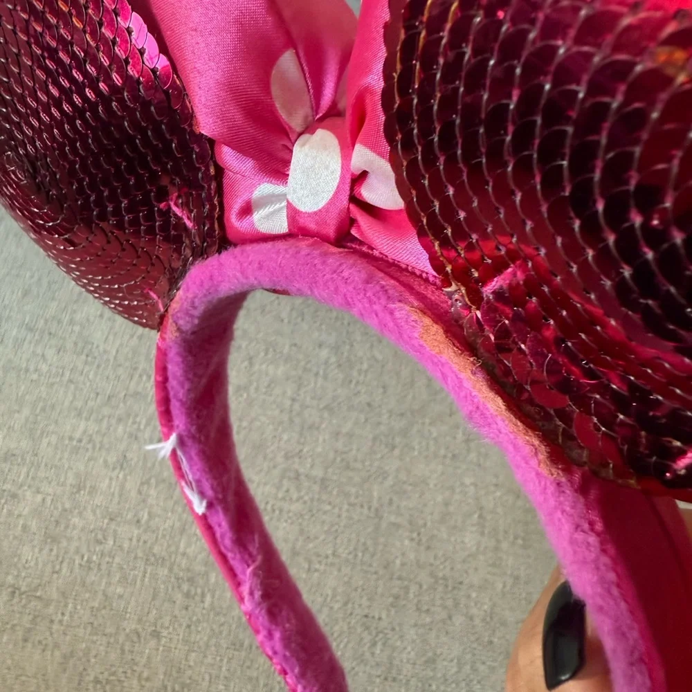 Minnie Mouse Hot Pink Sequin Ears with Polka Dot Bow Headband, Adult OS